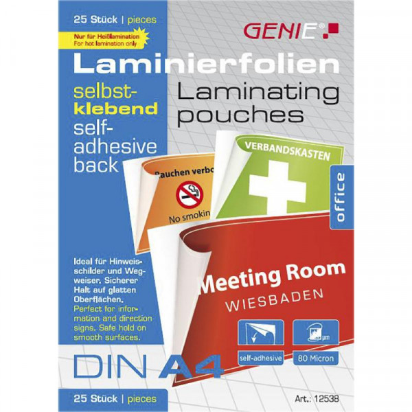 GENIE Laminiertaschen 25 A4 selbstklebend 80 Mic.