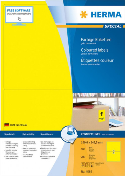 HERMA Etiketten A4 gelb 199,6x143,5mm Papier matt 1400 St.