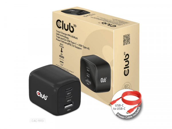 Club3D Reiseladegerät 2xUSB Typ C, 1xUSB Typ A, PD 65W
