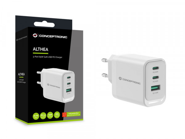CONCEPTRONIC Ladegerät 3Port 65W,2xUSB-C,1xUSB-A weiß