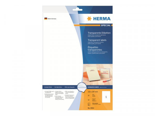 HERMA Inkjet Folien-Etik. A4 transp 210x297 mm glänz. 10 St.