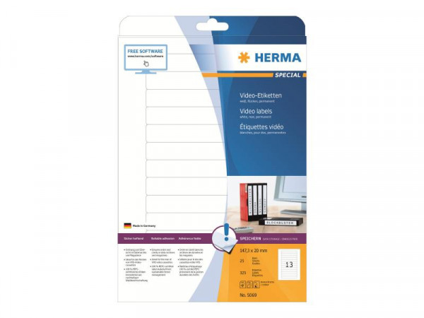 HERMA Video-Etiketten A4 weiß 147,3x20 mm Papier 325 St.