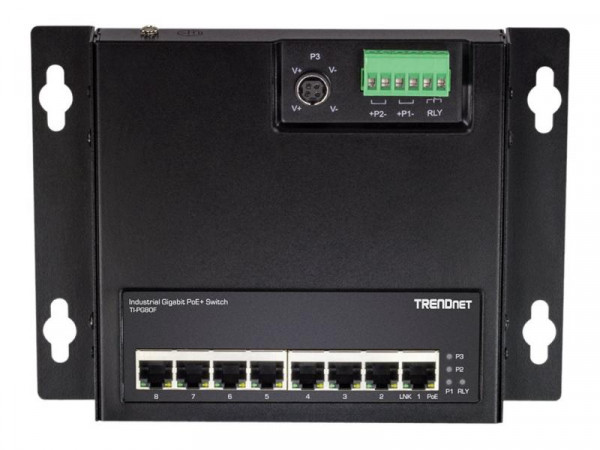 TRENDnet 8-Port Industrial Gigabit PoE+ WallMount Front Acc.