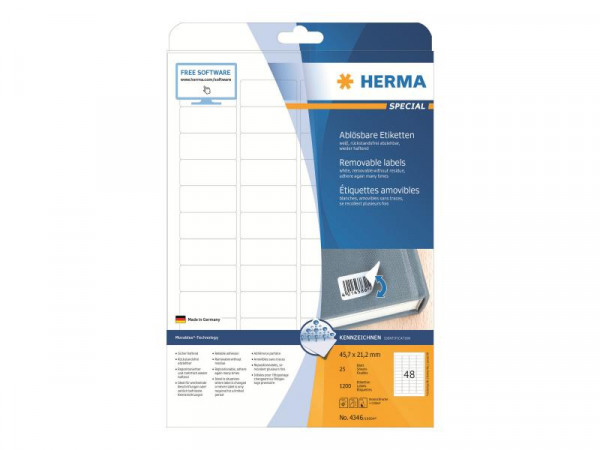 HERMA Etiketten A4 weiß 45,7x21,2 mm ablösb. Papier 1200 St.