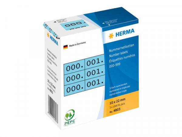 HERMA Nummernetik. 3fach selbstkl. 10x22 mm blau/schwarz