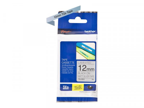 Schriftbandkassette Brother 12mm silber matt./sw TZEM-931