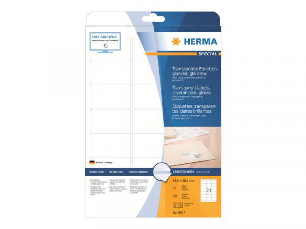 HERMA Etik. glasklar A4 63,5x38,1 mm Folie glänzend 525 St.