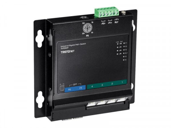 TRENDnet 6-Port Industrial Gigabit PoE+ WallMount Front Acc.