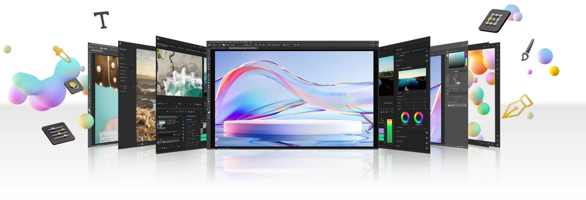 Zeigt verschiedene Adobe Software-Oberflächen.