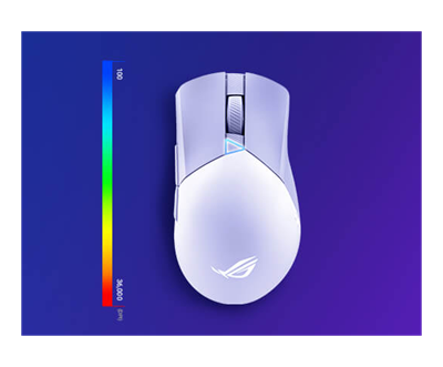 Die Vorder- und Rückansicht der Moonlight White ROG Gladius III Wireless AimPoint mit einem RGB-Farbspektrum an der Seite