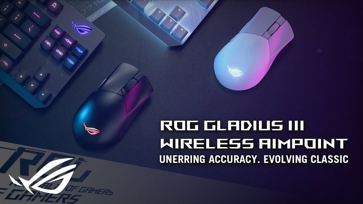 Der schwarz-weiße ROG Gladius III Wireless AimPoint auf einer Oberfläche