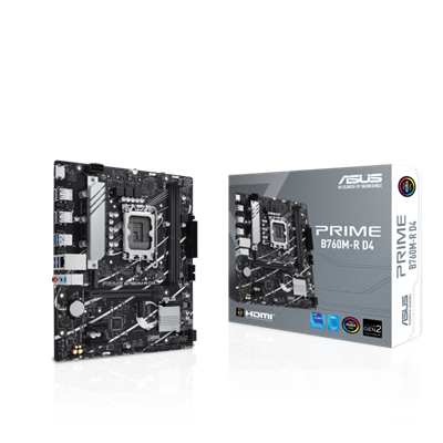 ASUS PRIME B760M-R D4, ein Intel® B760 LGA 1700 Micro-ATX Mainboard mit PCIe® 4.0, zwei PCIe® 4.0 M.2 Slots, DDR4, Realtek 2.5Gb Ethernet, HDMI™, SATA 6 Gbps, Front USB 5 Gbps Ports, Aura Sync