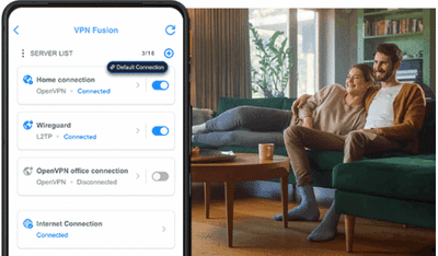 VPN Fusion UI mit verschiedenen Nutzungsszenarien, einschließlich Gaming, Streaming und Remote-Arbeit.