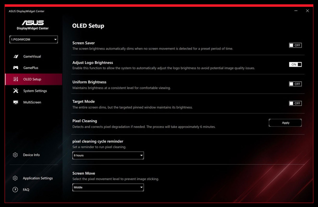 ASUS DisplayWidget Center UI mit Bildschirmschutzfunktionen wie dem Bildschirmschoner, der Pixelreinigung und der Bildschirmverschiebung.