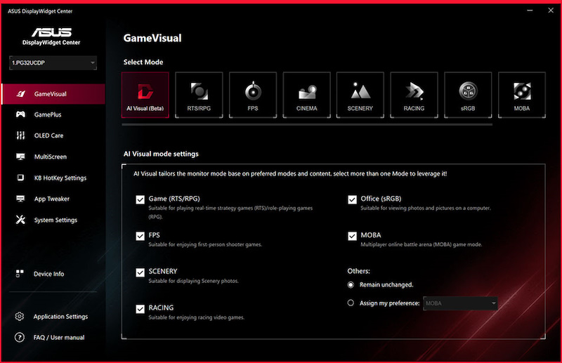 Screenshot der neuen ASUS DisplayWidget Center UI mit Systemeinstellungen, OLED-Funktionen und mehr.