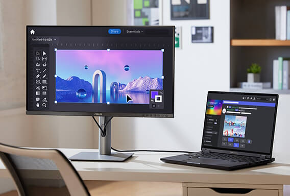 Ein Heimarbeitsplatz mit einem KI-PC und einem Monitor, auf dem eine grafische Designoberfläche mit lebendigen Farben angezeigt wird, die mit einem KI-Generierungstool erstellt wurde.