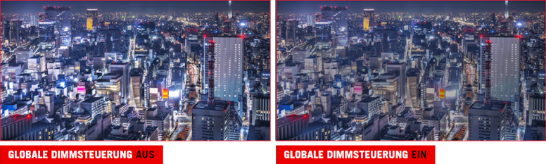 Die Nachtansicht einer modernen Stadt. / Die Nachtansicht einer Stadtlandschaft mit aktiviertem Dimm-Effekt an einigen helleren Stellen des Bildes.