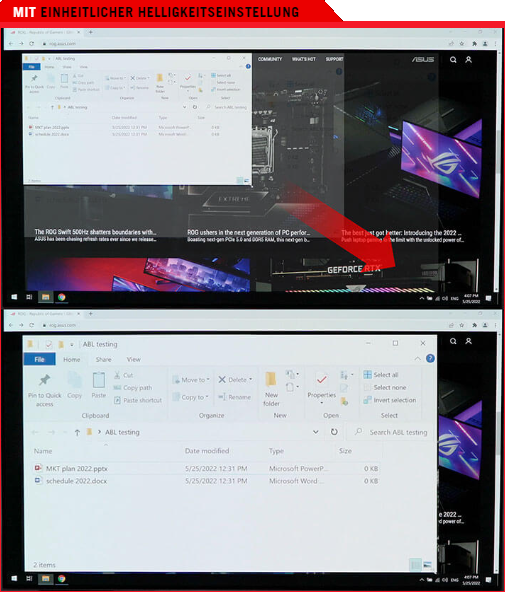 Vergleichsbilder, die zeigen, dass ein weißes Fenster im ersten Bild vergrößert wird, während das zweite Bild keine Veränderung der Display-Helligkeit zeigt