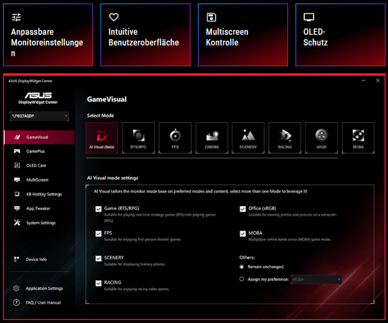 Screenshot der neuen ASUS DisplayWidget Center UI mit Systemeinstellungen, OLED-Funktionen und mehr.