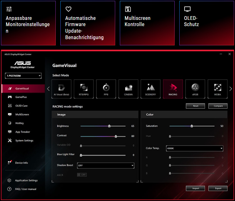 Screenshot der neuen ASUS DisplayWidget Center UI mit Systemeinstellungen, OLED-Funktionen und mehr.