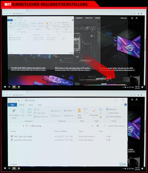 Vergleichsbilder, die zeigen, dass ein weißes Fenster im ersten Bild vergrößert wird, während das zweite Bild keine Veränderung der Display-Helligkeit zeigt