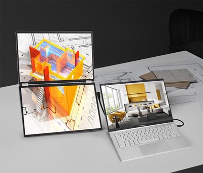 Zeigen Sie einen Laptop, der an den MQ149CD angeschlossen ist und auf Querformat eingestellt ist