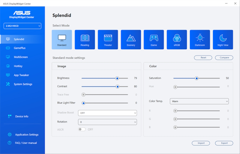 Das Kontroll-Dashboard des ASUS DisplayWidget Center App-Tools