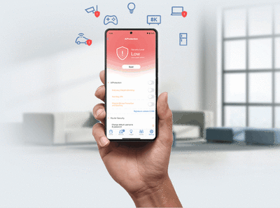 AiProtection UI mit mittlerer und hoher Sicherheitsstufe, AiProtection-Logo und blauem Schild darüber.