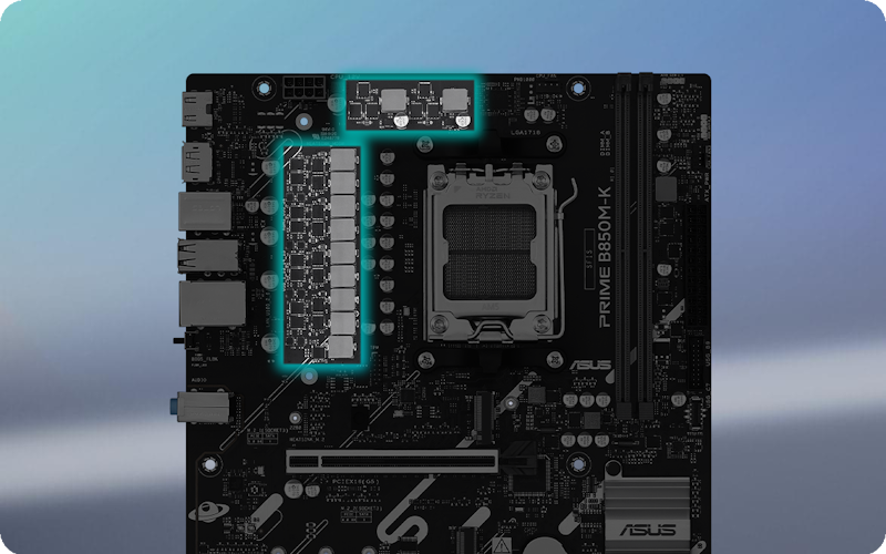 Schräge Draufsicht auf das PRIME B850M-K Motherboard.