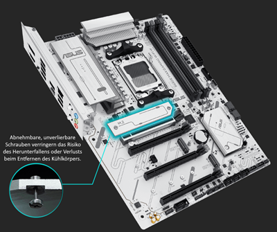 Das B650E MAX GAMING WIFI W Mainboard bietet M.2-Kühlkörper.