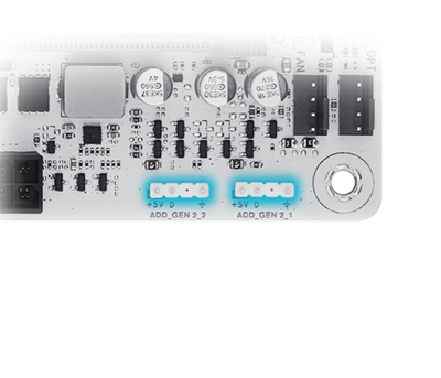 Das B650E MAX GAMING WIFI W Mainboard verfügt über adressierbare RGB Gen 2 Header.