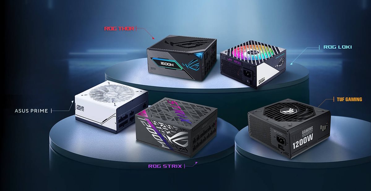 ROG THOR, ROG LOKI, ROG STRIX, TUF GAMING, PRIMES SERIES PSU Gruppenfoto auf den Podien