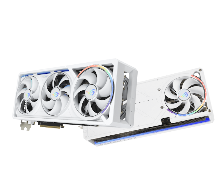 ROG Astral GeForce RTX™ 5080 weiße Grafikkarte Vorderansicht und Rückansicht mit einem Hintergrund in der Galaxie. ROG Astral GeForce RTX™ 5080 weiße Grafikkarte Vorderansicht und Rückansicht mit einem Hintergrund in der Galaxie.