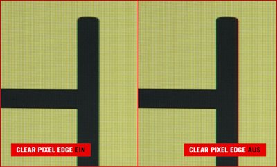 Die Ränder der einzelnen Buchstaben sind klar und scharf. / Die Ränder der einzelnen Buchstaben haben rote und grüne Farbsäume.