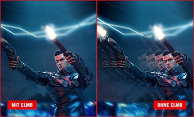 Ein Screenshot einer Spielfigur, die zwei Waffen abfeuert / Ein Screenshot einer Spielfigur, die zwei Waffen abfeuert, wobei das Bild eine erhebliche Bewegungsunschärfe aufweist.