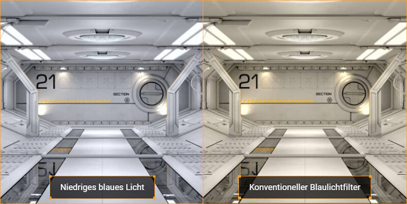 Monitor mit hardwarebasiertem ASUS Low Blue Light reduziert schädliche Blaulicht-Emissionen. Monitore ohne hardwarebasiertes ASUS Low Blue Light haben einen Gelbstich in der Darstellung.