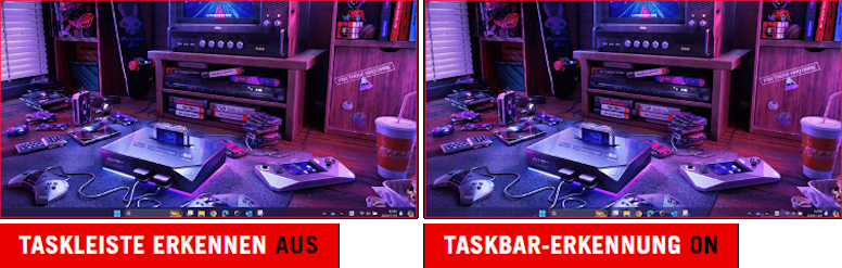 Das Vergleichsbild zeigt zwei Screenshots von Deskto. Die Taskleiste auf dem linken Bild ist normal, während die Taskleiste auf dem rechten Bild mit einem transparenten Effekt versehen ist.