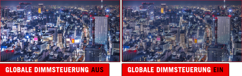 Die Nachtansicht einer modernen Stadt. / Die Nachtansicht einer Stadtlandschaft mit aktiviertem Dimm-Effekt an einigen helleren Stellen des Bildes.