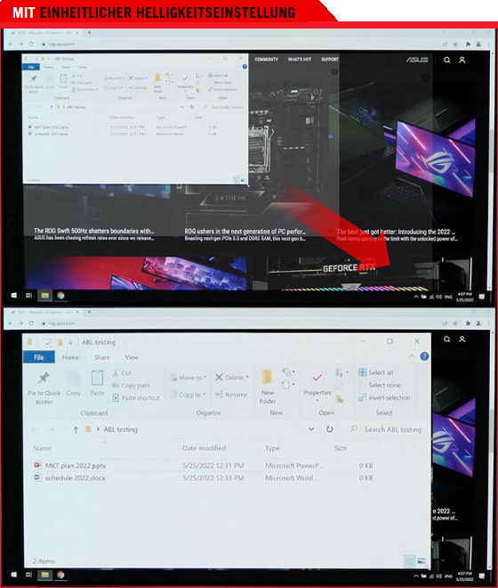 Vergleichsbilder, die zeigen, dass ein weißes Fenster im ersten Bild vergrößert wird, während das zweite Bild keine Veränderung der Display-Helligkeit zeigt