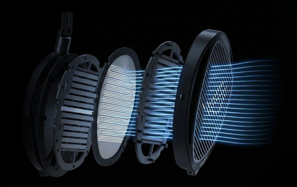 Explosionszeichnung der offenen ROG Kithara-Headset-Ohrmuschel zeigt die interne akustische Struktur und den Luftstrom