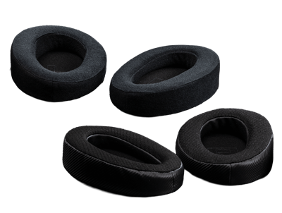 Zwei Arten von ROG Kithara Ohrpolstern werden gezeigt, darunter Kunstleder mit Stoff und Veloursoptionen