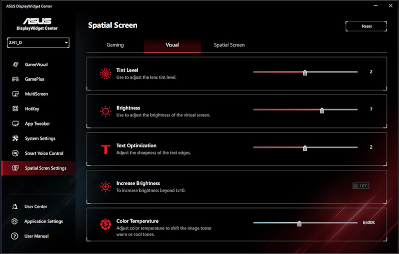 Die Benutzeroberfläche des ASUS DisplayWidget Center zeigt Steuerungs- und maßgeschneiderte Funktionen wie GamesPlus, GameVisual, Spatial Screen und Multi-Screen an.